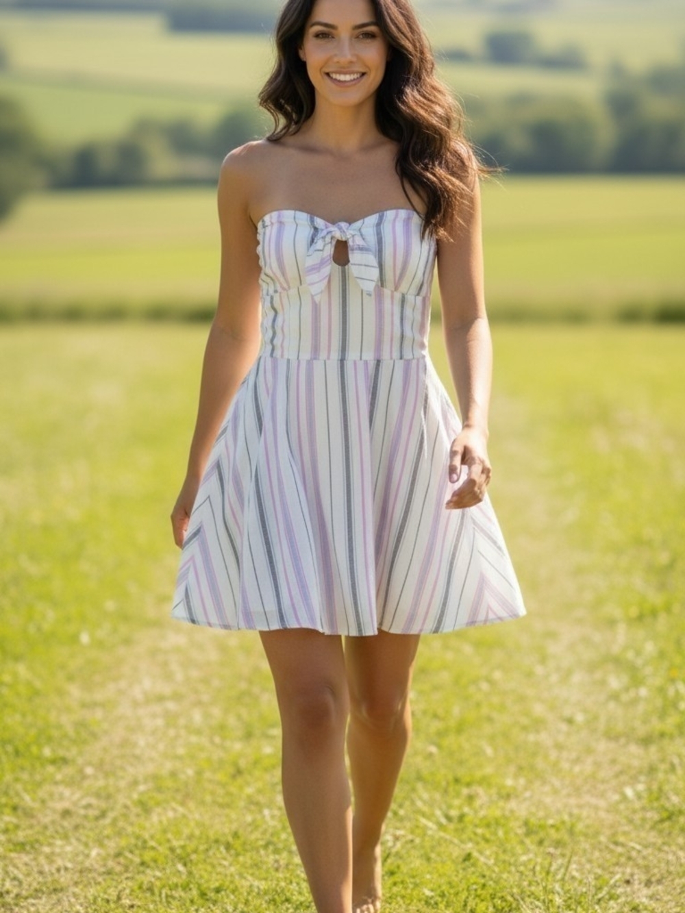 love, Fire White Strapless Midi Dress with Pink and Gray Stripes